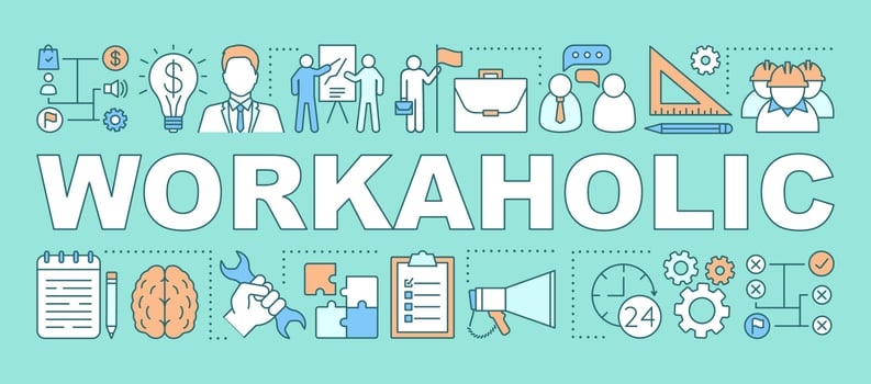 Workaholic word concepts banner. Work addiction. Business management. Working overtime. Presentation, website. Isolated lettering typography idea with linear icons. Vector outline illustration