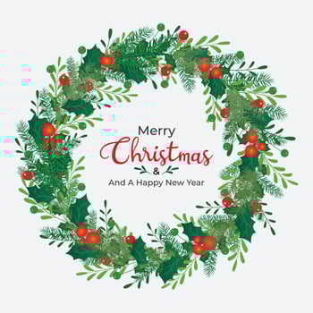 Merry Christmas Unique wreath card of Christmas fir tree branches, holly berries, and winter leaves. Illustration for greetings, invitation cover in vector design template