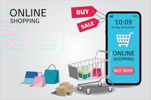 Vector design with e-commerce and online shopping , Shopping online on mobile.