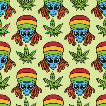 seamless pattern of alien wearing reggae attribute in vintage style and cannabis leaf vector