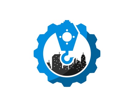 Mechanical gear with crane and city building inside vector