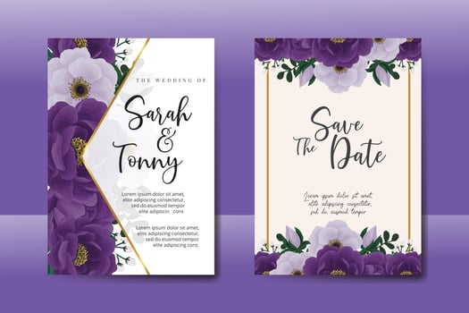 Wedding invitation frame set, floral watercolor Digital hand drawn Purple Peony flower design Invitation Card Template vector