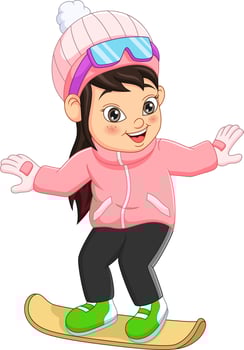 Cute little girl in winter clothes playing a snowboard vector