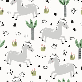 Cute seamless pattern for kids animal cartoon background with horses and trees Children's style hand-drawn design. Use for printing, wallpaper, gift wrapping, textiles, vector illustrations.
