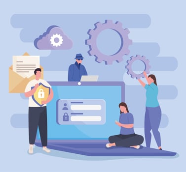 laptop people and icons vector