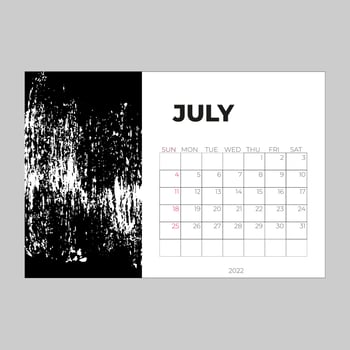 Desk calender 2022, July month template, Calendar 2022 template, planner, simple, Wall calendar design, week starts on sunday, printing graphic, advertiement, vector. Vector illustration