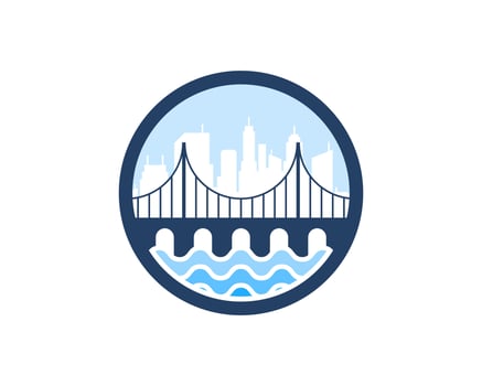 Circle shape with bridge on the top of water wave and city silhouette behind vector