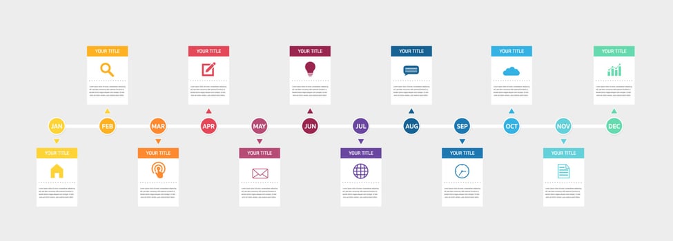12 months or 1 year timeline infographic, timeline infographics for annual report and presentation,Timeline infographics design vector and Presentation business.
