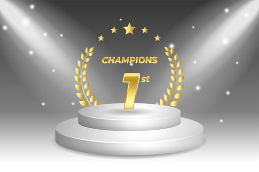 1st places winner. Golden award trophy with laurel wreath. Isolated on white stage podium. vector