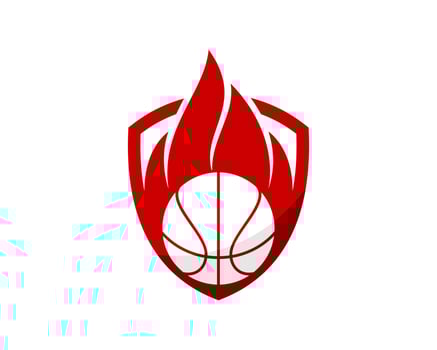 Simple shield with basket ball and fire flames vector