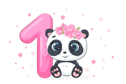 Cartoon illustration - Happy birthday, 1 year, cute panda girl. Vector illustration.