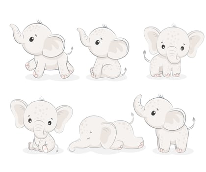 A set of 6 cute elephants. Vector illustration of a cartoon.