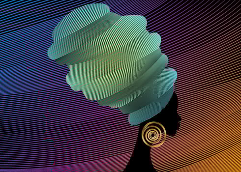 portrait beautiful African woman in traditional turban handmade tribal African Kente head wrap with ethnic gold earrings, black women Afro curly hair, vector silhouette isolated on colorful background