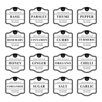 Kitchen seasoning pantry label sticker design simple black white set vector