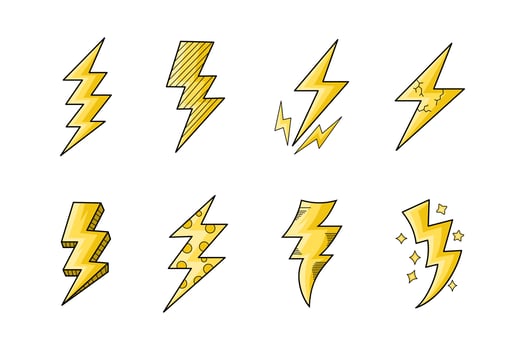set doodle electric lightning bolt symbol sketch illustrations. thunder, vector ilustration