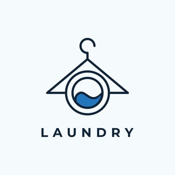 Laundry Logo Design, Water Filled Washing Machine Door Icon Vector Illustration With Hanger Combination in Line Art Style