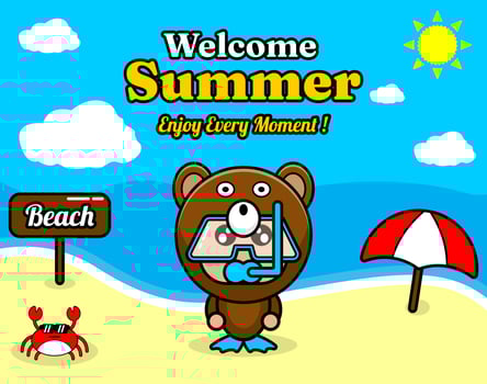 summer beach and sand background design with text enjoy every moment and summer element board that says beach, crab and umbrella, in bear animal mascot costume wearing a senorkel vector