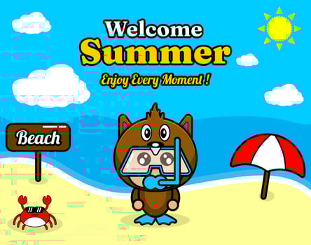 summer beach and sand background design with text enjoy every moment and summer element board that says beach, crab and umbrella, in beaver animal mascot costume wearing senorkel vector