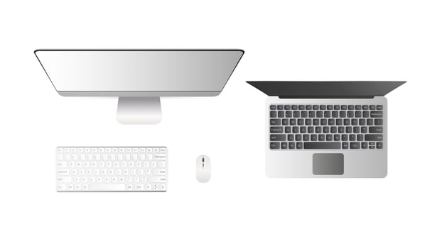 Set of computers top view. Desktop PC Open laptop. Isolated on a white background. Realistic. . vector