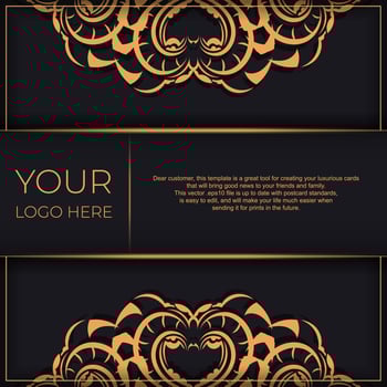 Black luxury postcard design with gold vintage ornament. Can be used as background and wallpaper. Elegant and classic vector elements ready for print and typography.