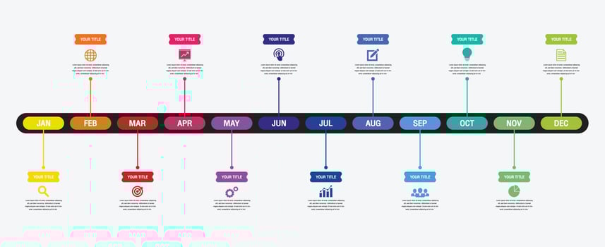 12 months or 1 year timeline infographic, timeline infographics for annual report and presentation,Timeline infographics design vector and Presentation business.