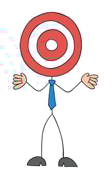 Bulls eye head stickman businessman standing, hand drawn outline cartoon vector illustration
