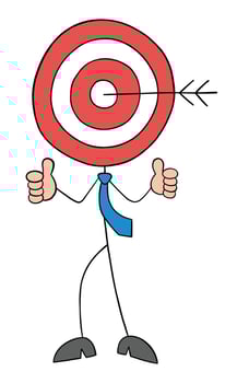 Bulls eye head stickman businessman standing and giving thumbs up, hand drawn outline cartoon vector illustration.