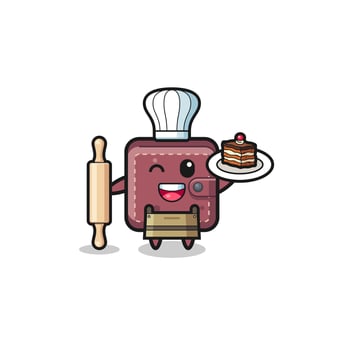 leather wallet as pastry chef mascot hold rolling pin vector