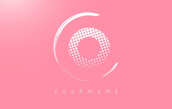 White O letter logo design with white dots and white circle frame on pink background. vector