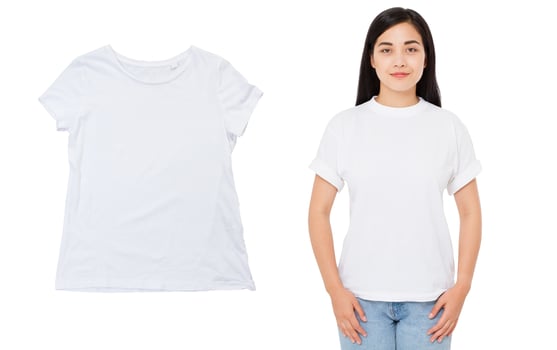 White t-shirt close up, Young asian girl isolated on white background. Copy space. Mock up. Summer woman clothes blank template white t shirt. photo