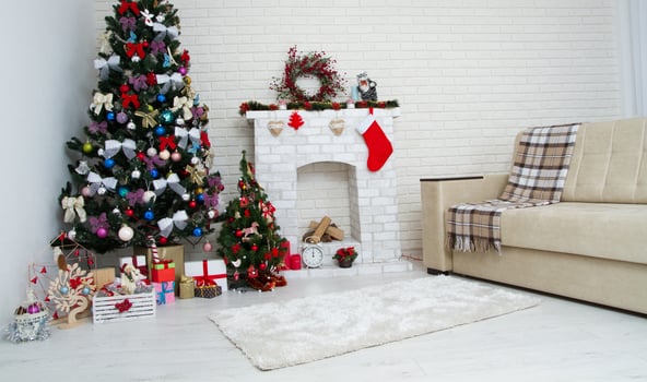Christmas living room with a christmas tree and presents under it - modern classic style, new year concept photo