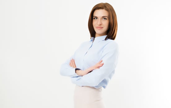 Confident young manager on white background - Business woman portrait . Crossed arms . photo