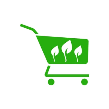 Eco shopping. Solid green vector supermarket cart icon with leaves image isolated on white background. Organic shopping design element, eco shop logo.