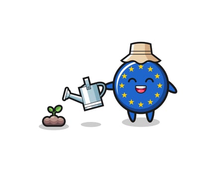 cute euro flag is watering plant seeds vector