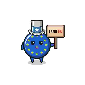 euro flag cartoon as uncle Sam holding the banner I want you vector