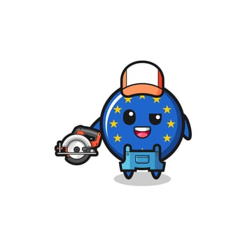 the woodworker euro flag mascot holding a circular saw vector