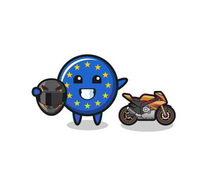 cute euro flag cartoon as a motorcycle racer vector