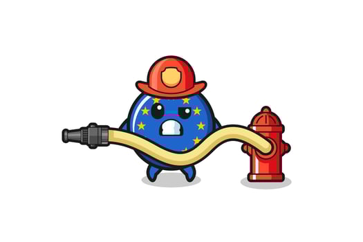 euro flag cartoon as firefighter mascot with water hose vector