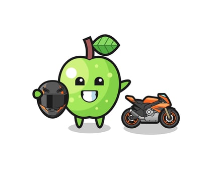 cute green apple cartoon as a motorcycle racer vector