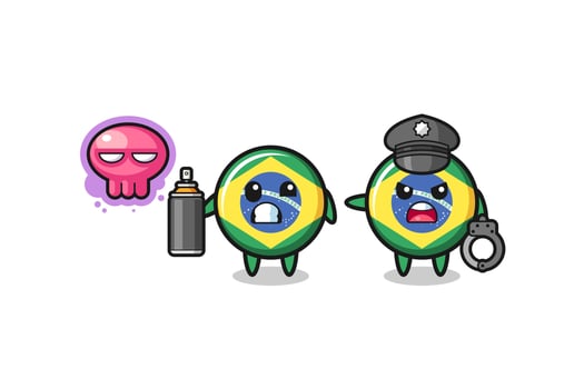 brazil flag cartoon doing vandalism and caught by the police vector