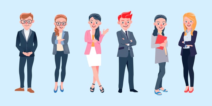 Set of vector illustration isolated International business team characters working