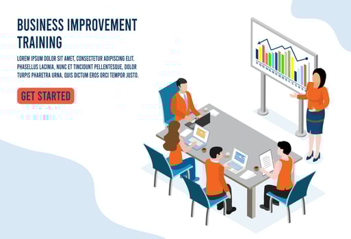 Isometric businesswoman lead and present businesspeople for training business plan and goals vector