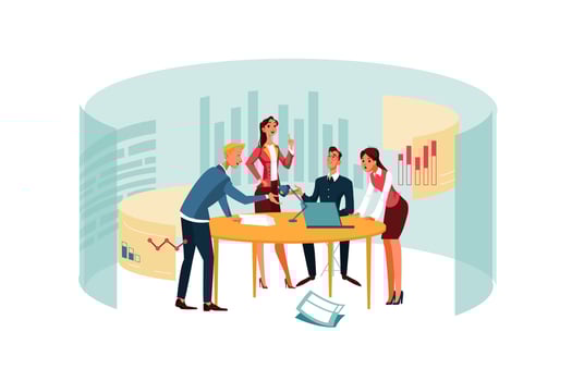 Team works in the office for laptops. Concept workplace, group with woman, girl, and man. vector