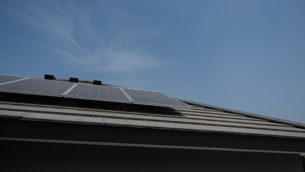 Photovoltaic. Solarcell panel. Solar roof power plant on the roof photo
