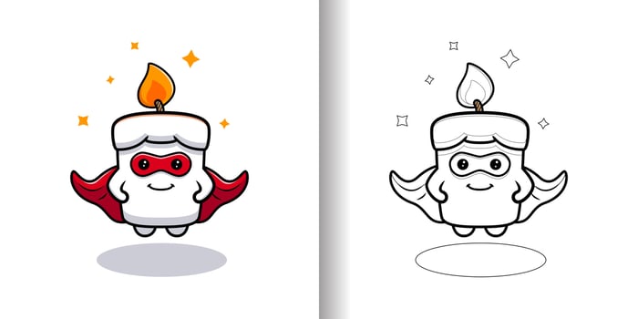Coloring page with super candle mascot. Design of cute candle character vector