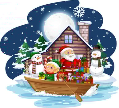 Snowy night with Santa and elves delivering gifts by boat vector