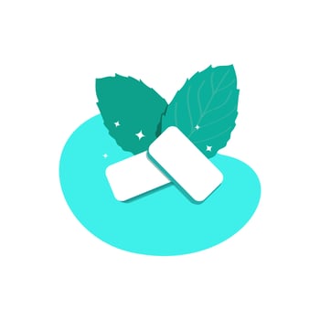 Mint-flavored gum pads. Fresh green mint leaves. Product for fresh breath. Chewing gum for healthy teeth and oral hygiene. Vector illustration isolated on a white background.