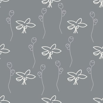 Hand-drawn floral background. Vector seamless pattern in doodle style. Light flowers on a grey background. Ideal for fabric, home textiles.