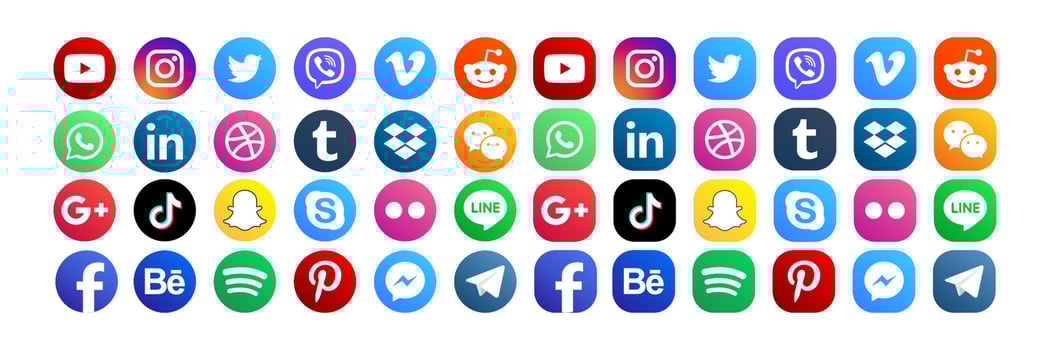 Set popular social media icons. Facebook, instagram, twitter, youtube, pinterest, behance, google plus, linkedin, whatsapp, snapchat, tiktok, tumblr, spotify, dropbox and many more vector