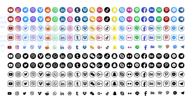 Set popular social media icons. Facebook, instagram, twitter, youtube, pinterest, behance, google plus, linkedin, whatsapp, snapchat, tiktok, tumblr, spotify, dropbox and many more vector